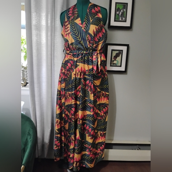 Coolples Tropical Printed V-Neck Sleeveless Maxi Dress, Sz L - Picture 8 of 14